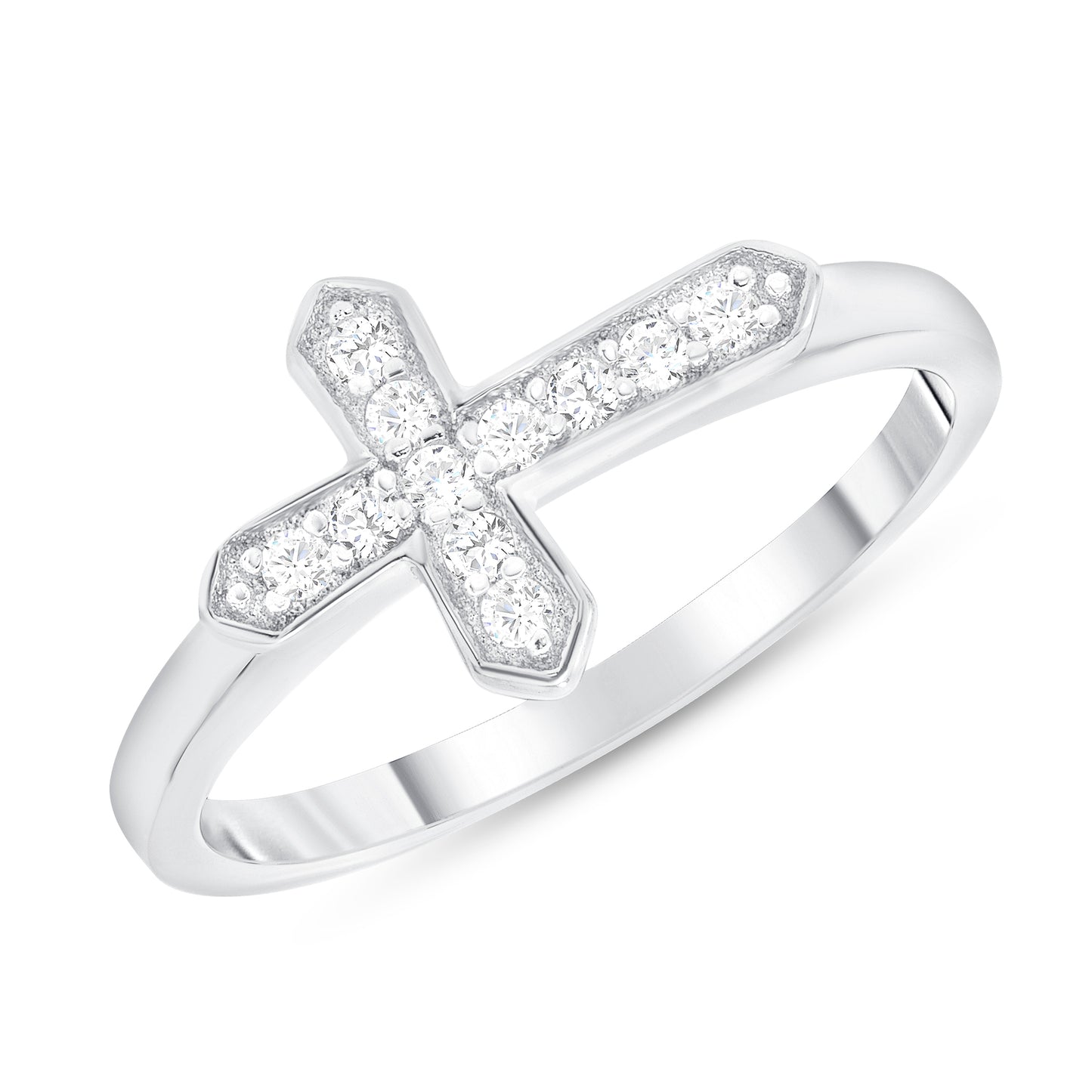 DGR1880. Silver 925 Rhodium Plated Cubic Zirconia Side Cross Ring