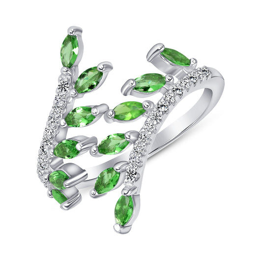 Silver 925 Rhodium Plated Emerald Cubic Zirconia Endless Leaves Ring. DGR1946GRN