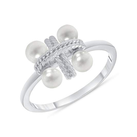 Silver 925 Rhodium Plated X & Pearl Ring. DGR1971