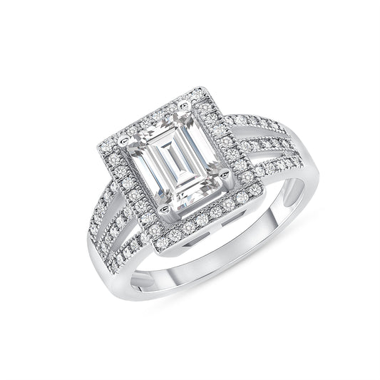 Silver 925 Rhodium Plated Emerald Cut Solitaire Ring. DGR2012