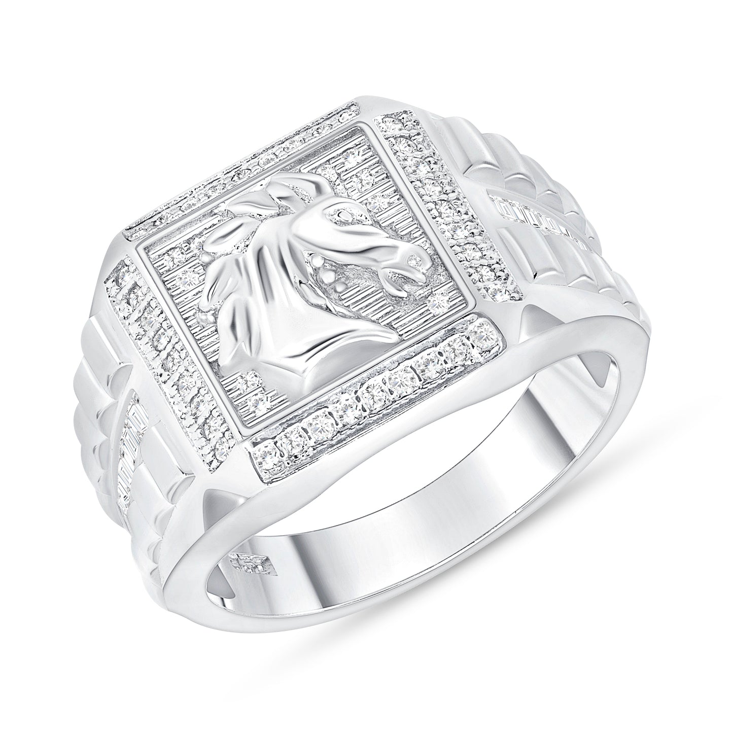 Silver 925 Rhodium Plated Cubic Zirconia Horse Men's Ring. DGR2022