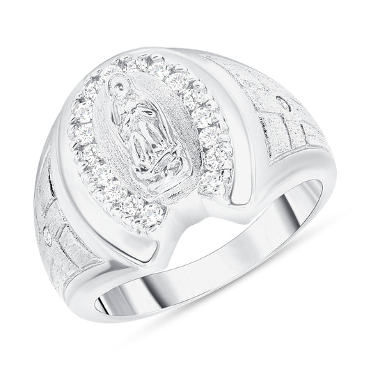 Silver 925 Rhodium Plated Cubic Zirconia Horseshoe Guadalupe Men's Ring. DGR2028