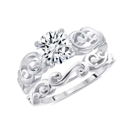 Silver 925 Rhodium Plated Wave Design Engagement Ring Set. DGR2049