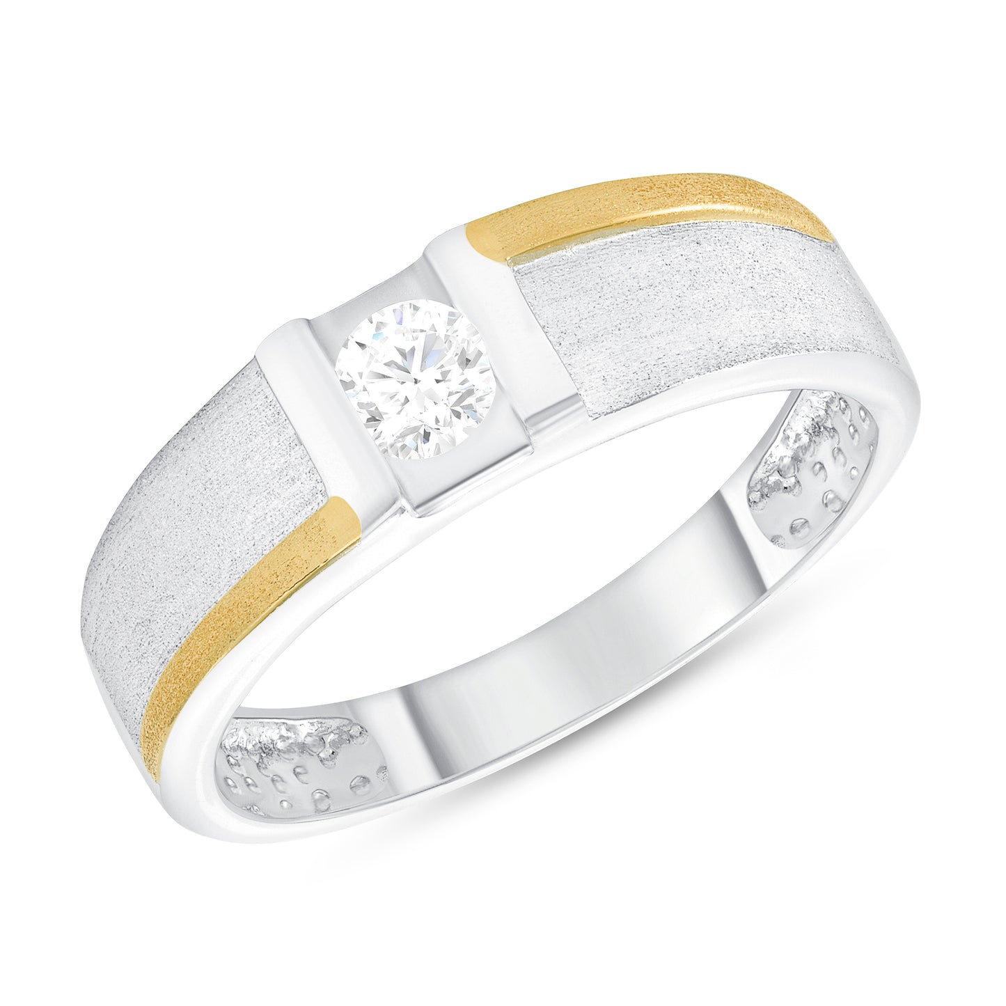 Silver 925 2 Tone Band with Single Cubic Zirconia Men's Ring. DGR2072