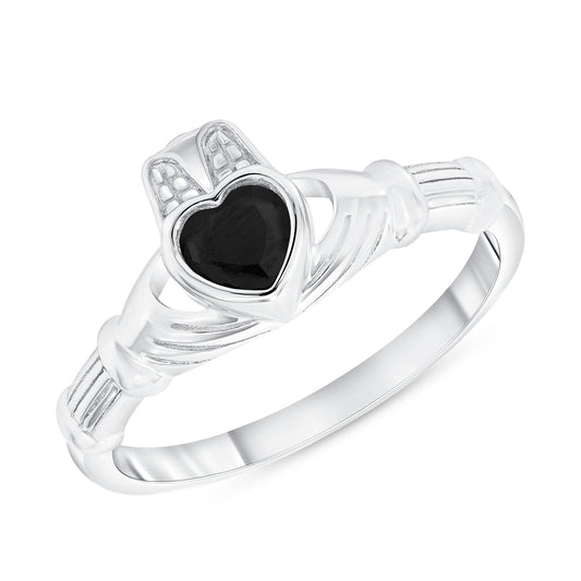 Silver 925 Rhodium Plated Black Cubic Zirconia Claddagh Ring. DGR2079BLK