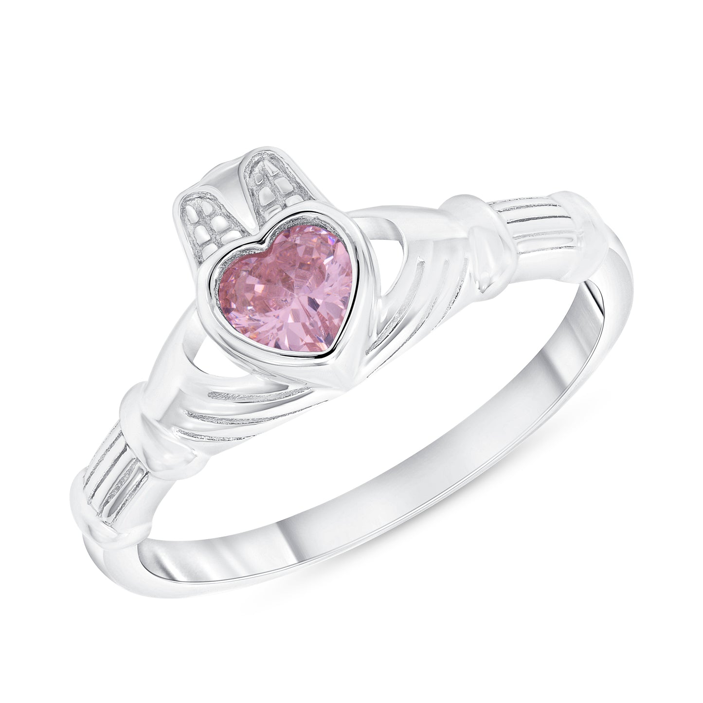 Silver 925 Rhodium Plated Pink Cubic Zirconia Claddagh Ring. DGR2079PNK