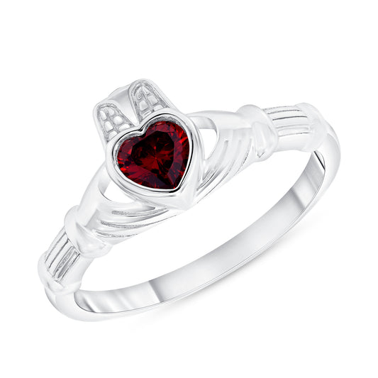 Silver 925 Rhodium Plated Red Cubic Zirconia Claddagh Ring. DGR2079RED