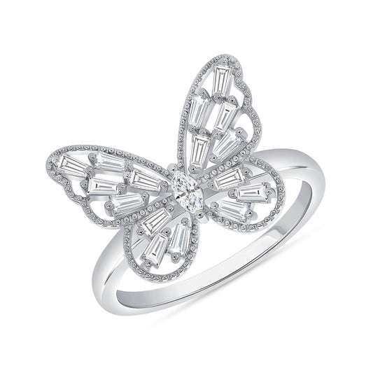 Silver 925 Rhodium Plated Cubic Zirconia Butterfly Ring. DGR2295