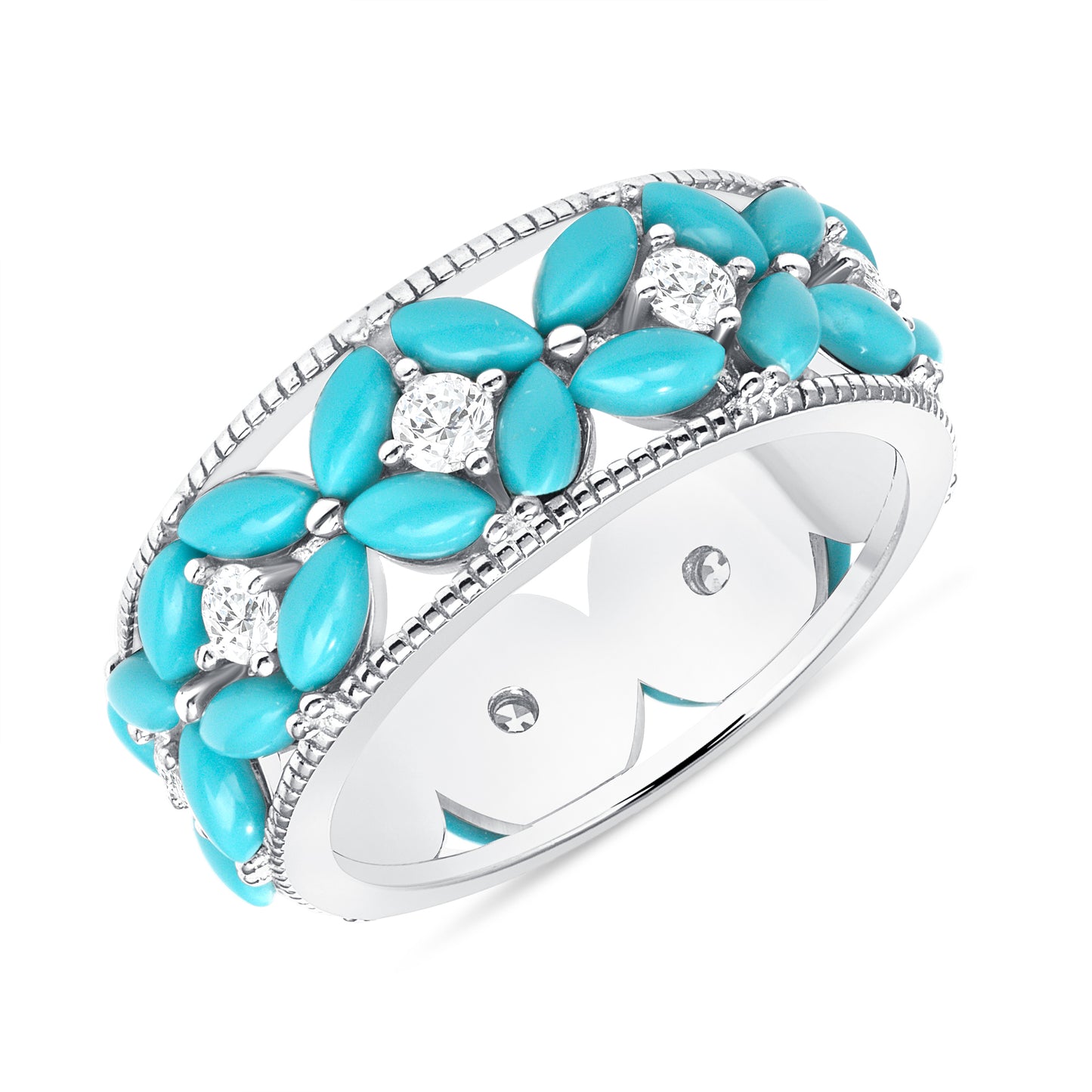 Silver 925 Rhodium Plated Blue Turquoise with Clear Cubic Zirconia Infinity Ring. DGR2298TQ