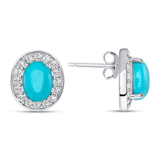 Silver 925 Oval Turquoise One Row Cubic Zirconia Stud Earring. DKE0691