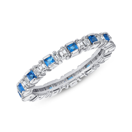 DKR0415BLU. Silver 925 Rhodium Plated Blue Cubic Zirconia Baguette Band Ring