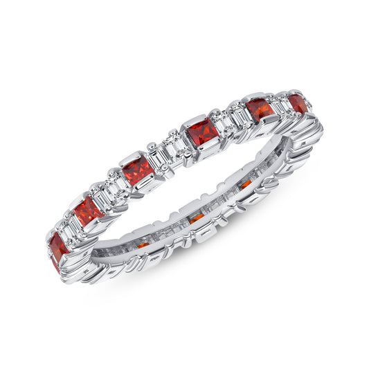 Silver 925 Rhodium Plated Red Cubic Zirconia Baguette Band Ring. DKR0415RED