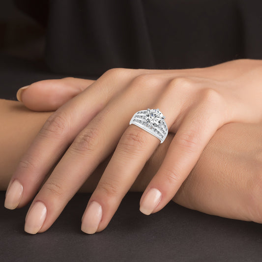 Sterling Silver 3 Row Pave Round Engagement Ring