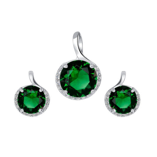 Silver 925 Rhodium Plated Round Emerald Cubic Zirconia Stone Set. DS00001GRN