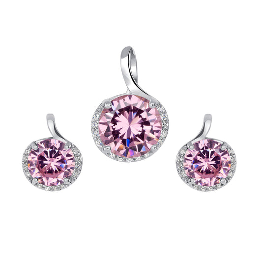 Silver 925 Rhodium Plated Round Pink Cubic Zirconia Stone Set. DS00001PNK