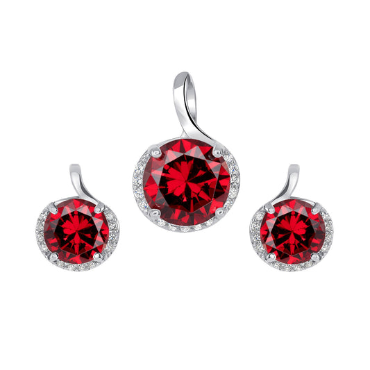 Silver 925 Rhodium Plated Round Garnet Cubic Zirconia Stone Set. DS00001RED