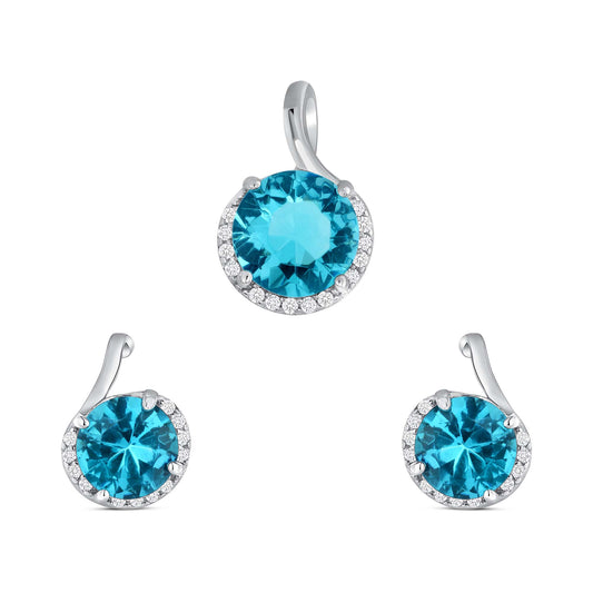 Silver 925 Rhodium Plated Round Aqua Cubic Zirconia Stone Set. DS00001AQ