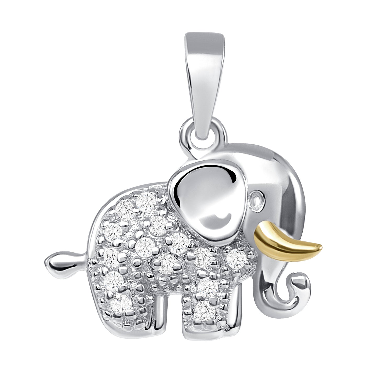 DTP3035. Silver 925 Rhodium Plated Cubic Zirconia Elephant with Gold Plated Horn Pendant