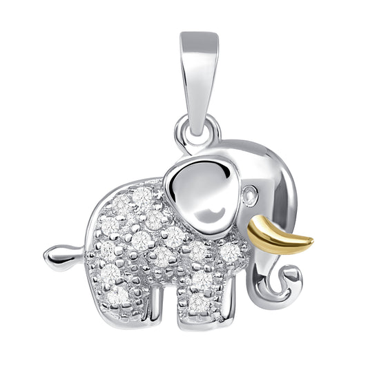 Silver 925 Rhodium Plated Cubic Zirconia Elephant with Gold Plated Horn Pendant. DTP3035