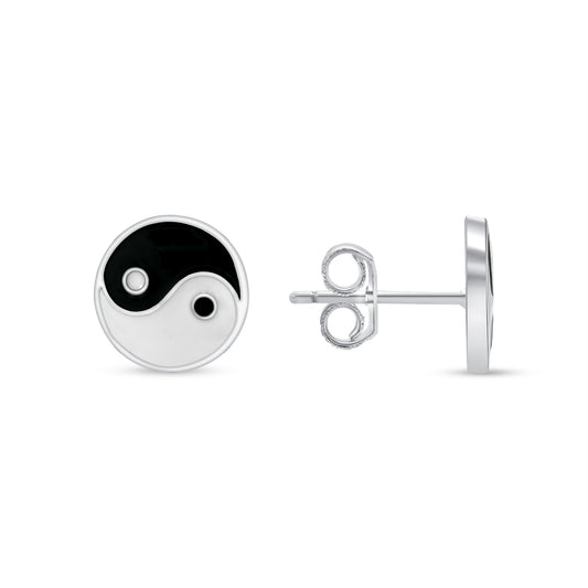 Silver 925 Rhodium Plated Enameled Yin Yang Stud Earring. E10066