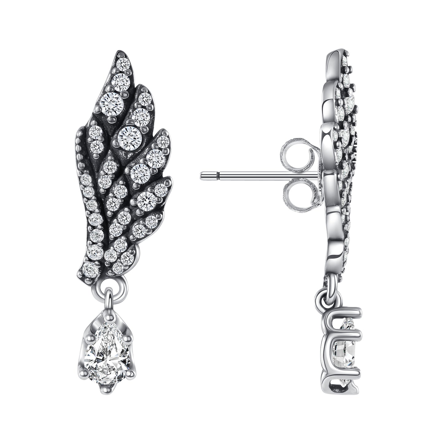 Silver 925 Rhodium Plated Angel Wing Dangling Cubic Zirconia Earring Stud. E10111