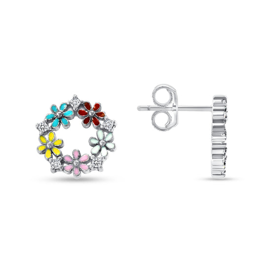 Silver 925 Rhodium Plated Multi-Color Flower Cubic Zirconia Stud Earring. E11160