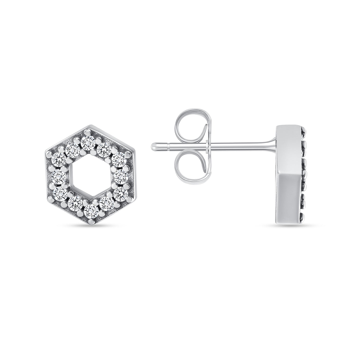 Silver 925 Rhodium Plated Hexagon Cubic Zirconia Earring Stud. E11203
