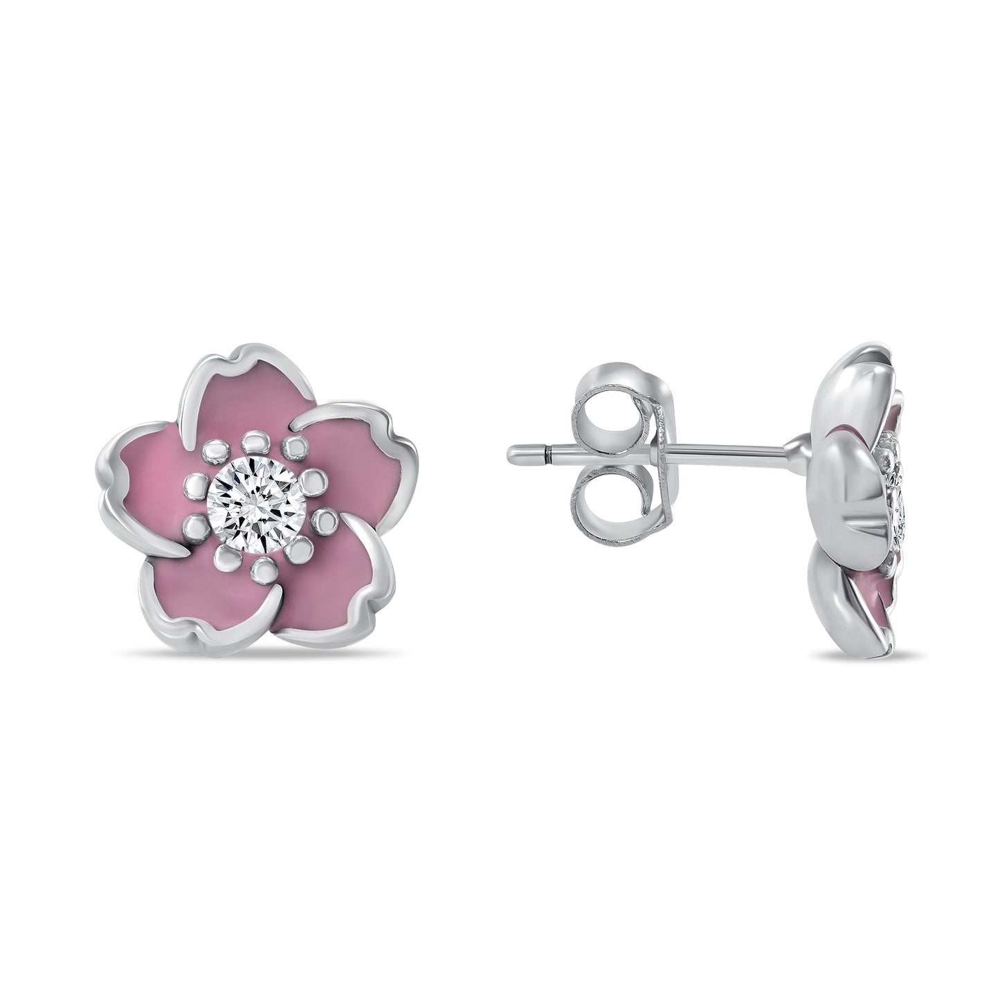 Silver 925 Rhodium Plated Pink Flower Enamel Cubic Zirconia Stud Earring. E11228