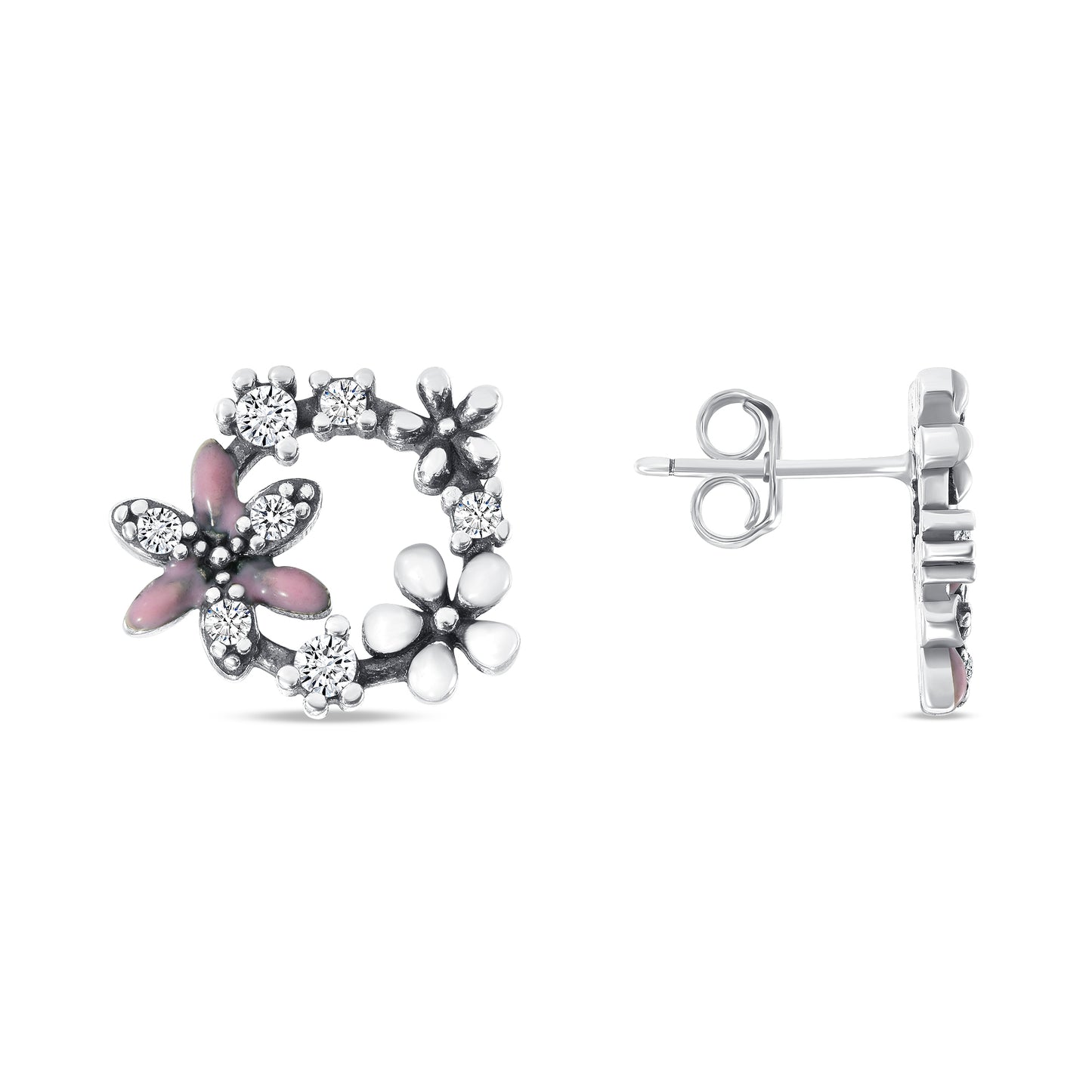 Silver 925 Rhodium Plated Pink and White Flower Cubic Zirconia Earring Stud. E1169