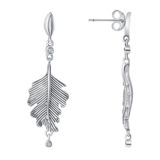 Silver 925 Rhodium Plated Feather Cubic Zirconia Earring Stud. E1211