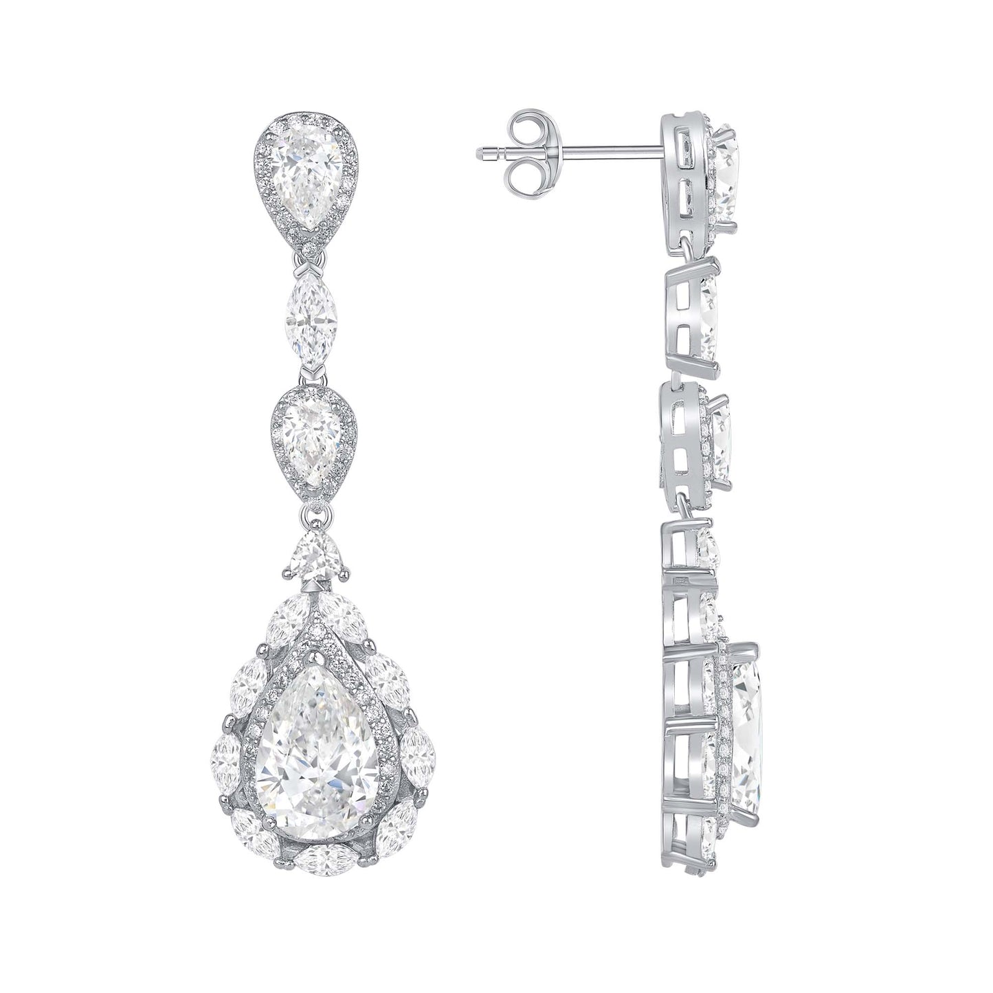 Silver 925 Rhodium Plated Fancy 3 Dangling Pear with Cubic Zirconia Earring. E18201