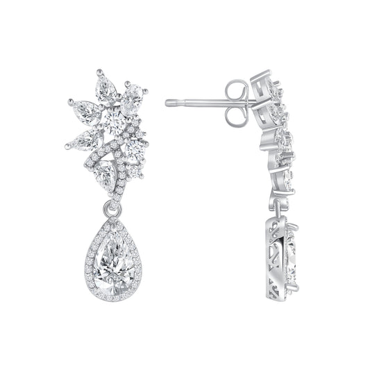 Silver 925 Rhodium Plated Fancy Pear w/ Flower Cubic Zirconia Earring. E18206