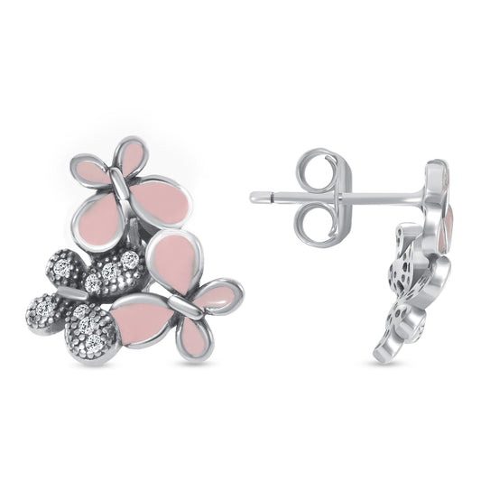 Silver 925 Rhodium Plated Pink Flower Cubic Zirconia Earring Stud. E2698