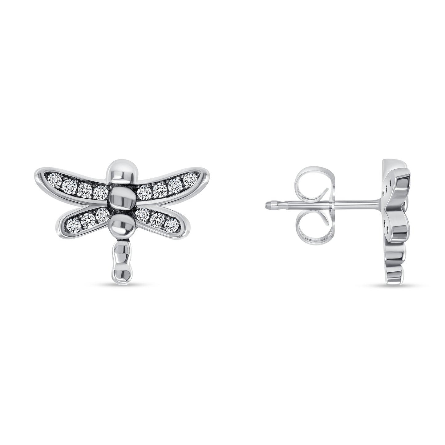 Silver 925 Rhodium Plated Dragonfly Cubic Zirconia Stud Earring. E2947