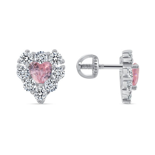 Silver 925 Rhodium Plated Pink Heart Cubic Zirconia Earring Stud. ES0684CI-PK