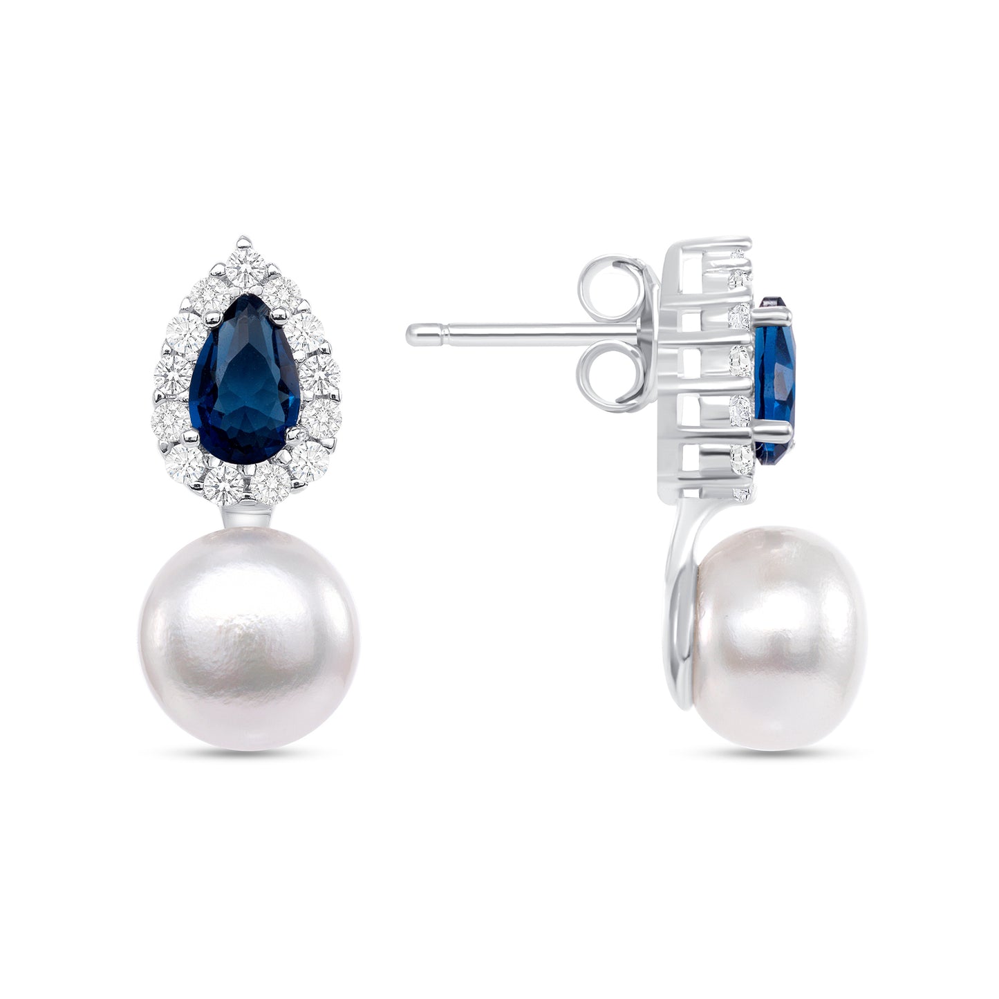 Silver 925 Rhodium Plated Pear Shape Blue Cubic Zirconia w/ White Pearl Earring. GE4313BLUE