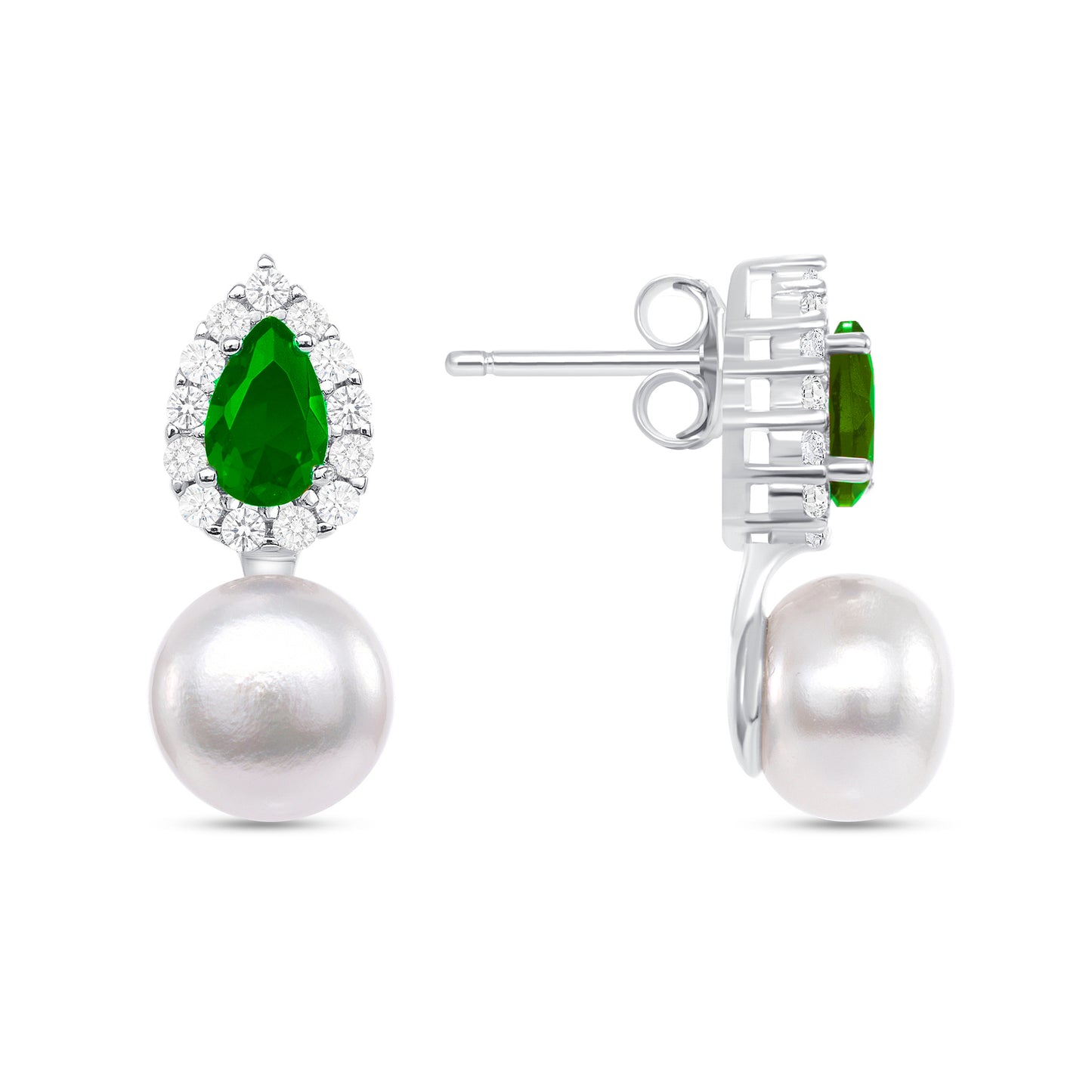 Silver 925 Rhodium Plated Pear Shape Green Cubic Zirconia w/ White Pearl Earrings. GE4313GRN