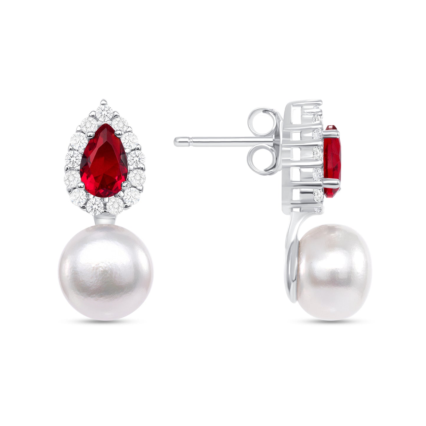 Silver 925 Rhodium Plated Pear Shaped Red Cubic Zirconia w/ White Pearl Earring. GE4313RED