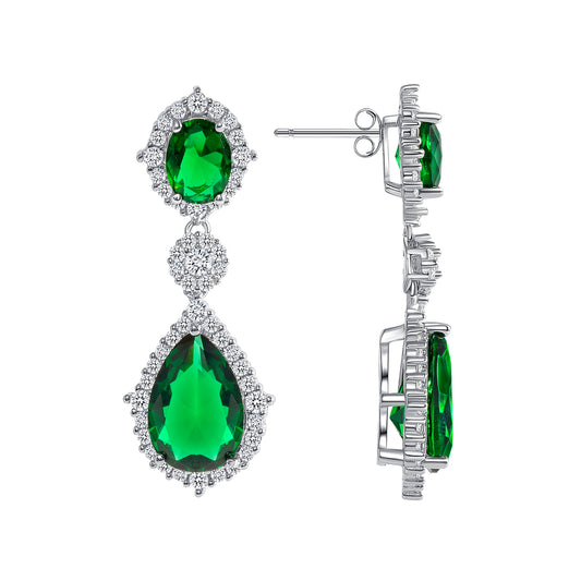 Silver 925 Rhodium Plated Dangling Emerald Cubic Zirconia Earring. GE4344GRN