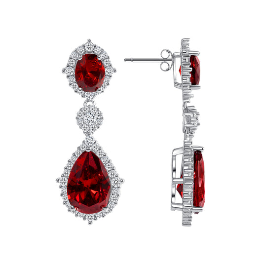 Silver 925 Rhodium Plated Dangling Garnet Red Cubic Zirconia Earring. GE4344RED