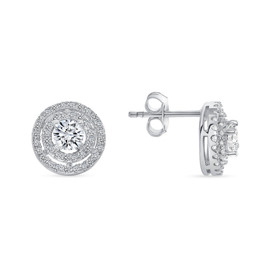Silver 925 Rhodium Plated Baguette Cubic Zirconia Flower Stud Earring. GE4547