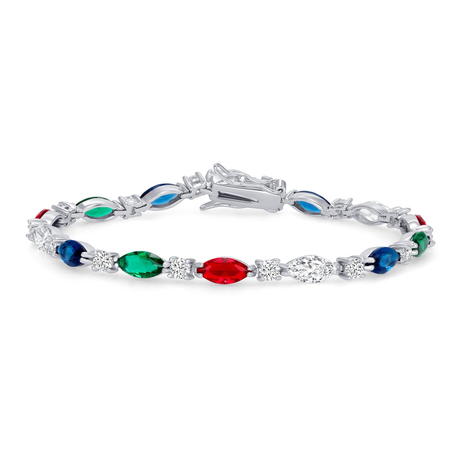 Silver 925 Rhodium Plated Multicolor Marquise Cubic Zirconia Tennis Bracelet. GH2046MUL