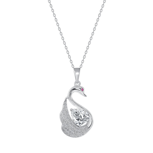 Silver 925 Rhodium Plated Tear Shape Clear Cubic Zirconia Swan Necklace. GP7580