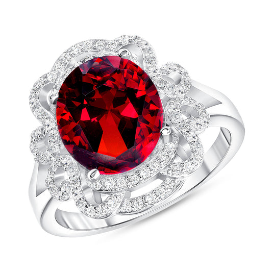 Silver 925 Rhodium Plated Round Cubic Zirconia Red Designer Ring. GR10109RED