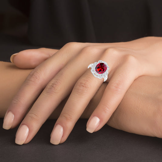 Silver 925 Rhodium Plated Round Cubic Zirconia Red Designer Ring. GR10109RED