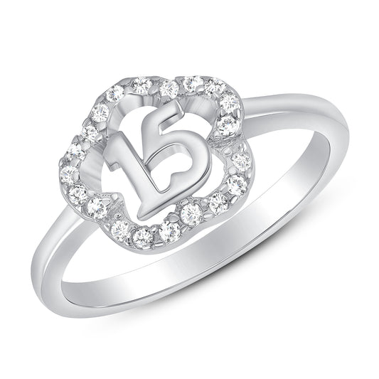 Silver 925 Rhodium Plated Cubic Zirconia Flower Outline 15 Years Ring. GR1153