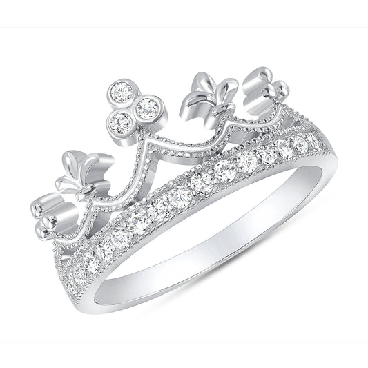 Silver 925 Rhodium Plated Cubic Zirconia Crown Ring. GR5831
