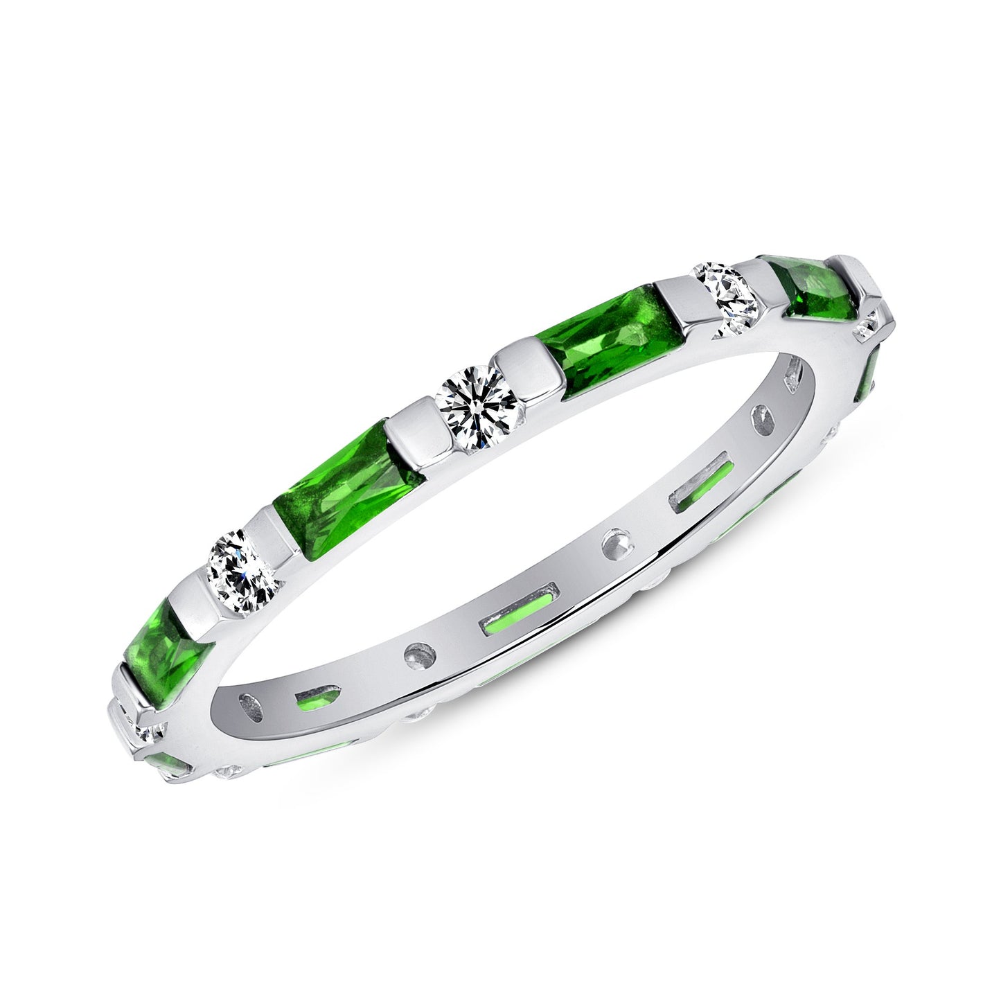 Silver 925 Rhodium Plated Baguette Style Green Emerald Ring. GR5840GRN