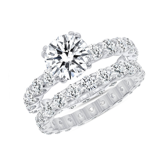 Silver 925 Rhodium Plated Round Cubic Zirconia Bridal 2 Rings Set. GR5877