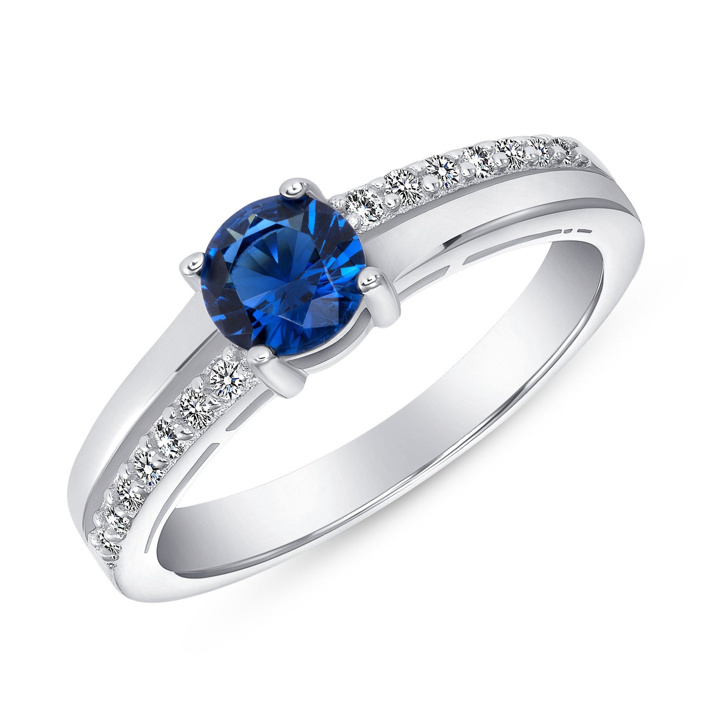 GR6633BLU. Silver 925 Sapphire Round Cubic Zirconia Ring